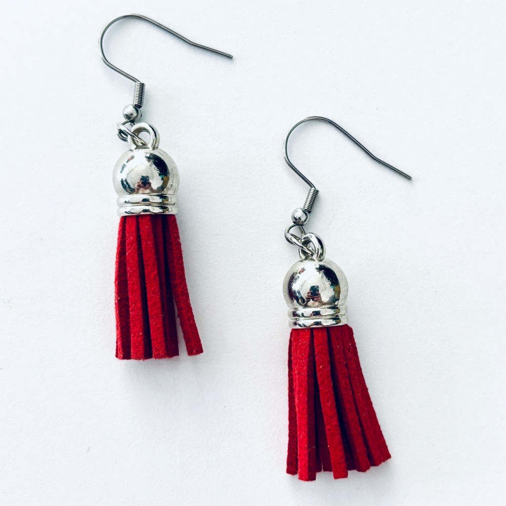 Red Tassel Earrings with Silver Details, NWT
